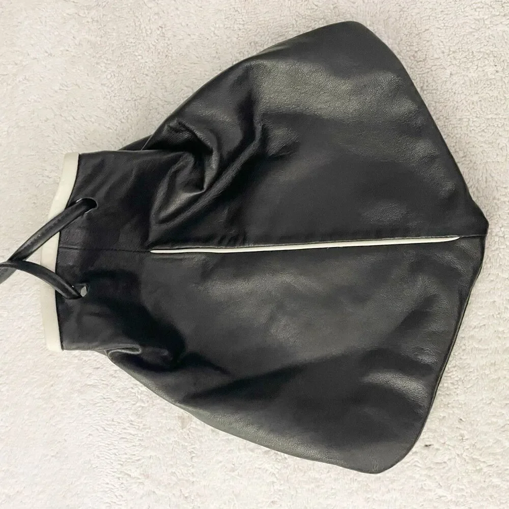Vintage Black Leather Shoulder Bucket Drawstring Bag with White Trim Artsy 90s